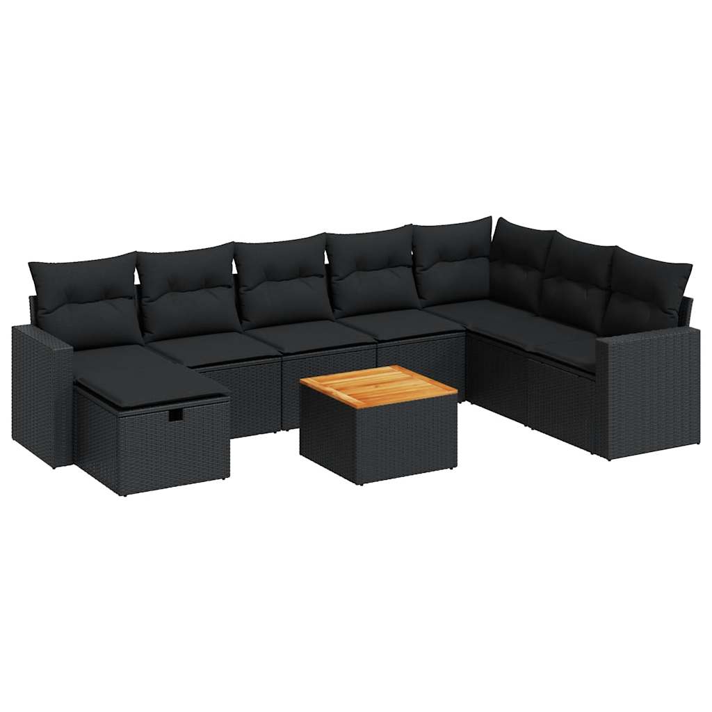 9-tlg. Garten-Sofagarnitur mit Kissen Schwarz Poly Rattan