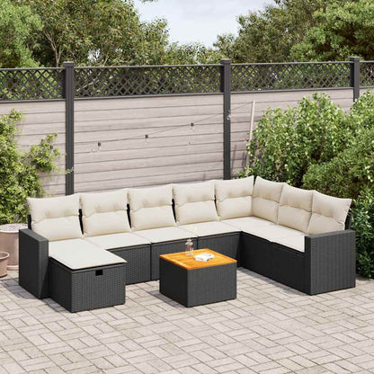 9-tlg. Garten-Sofagarnitur mit Kissen Schwarz Poly Rattan