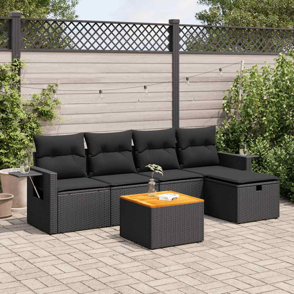 6-tlg. Garten-Sofagarnitur mit Kissen Schwarz Poly Rattan