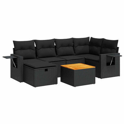 7-tlg. Garten-Sofagarnitur mit Kissen Schwarz Poly Rattan