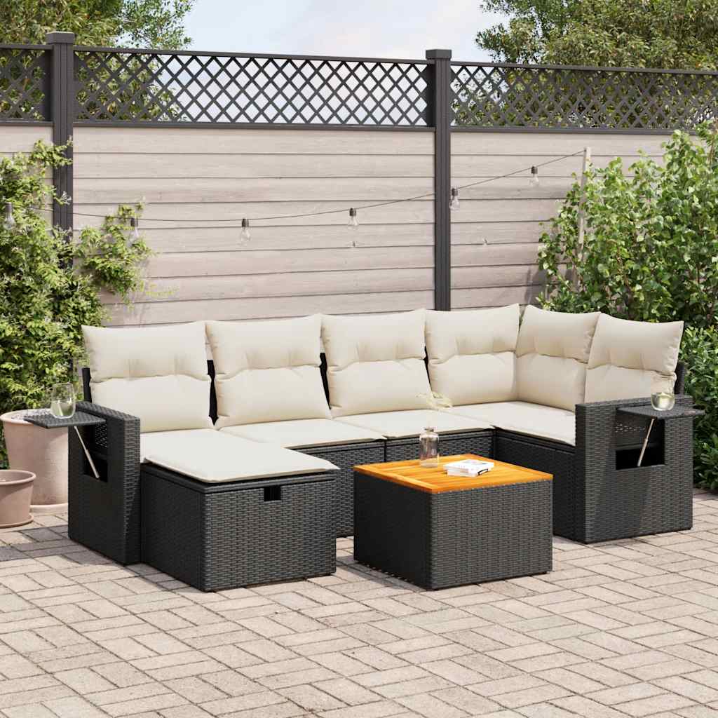 7-tlg. Garten-Sofagarnitur mit Kissen Schwarz Poly Rattan