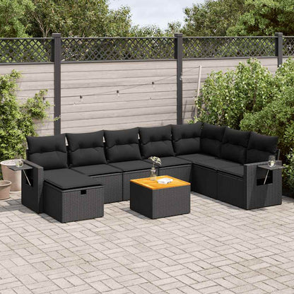 9-tlg. Garten-Sofagarnitur mit Kissen Schwarz Poly Rattan