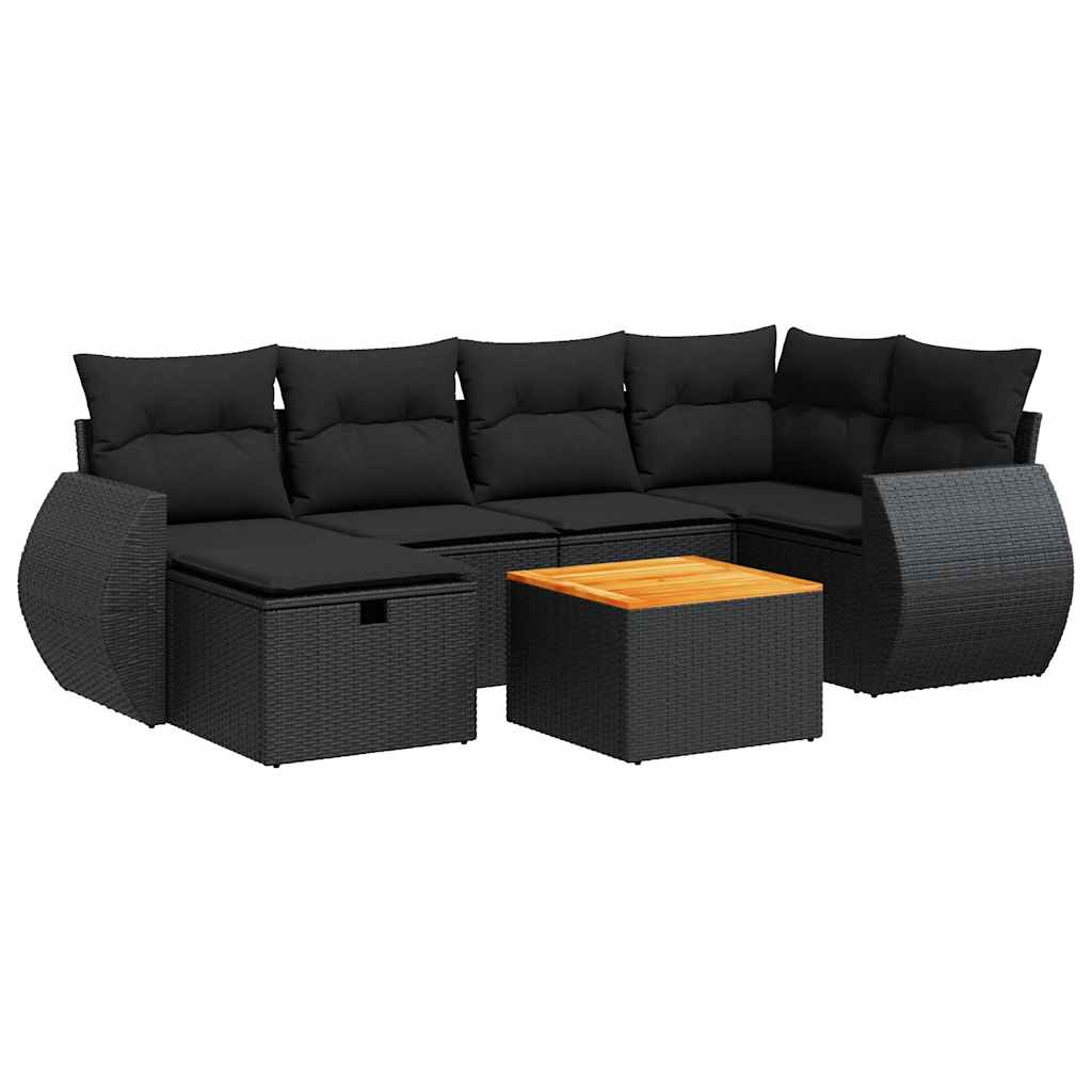 7-tlg. Garten-Sofagarnitur mit Kissen Schwarz Poly Rattan