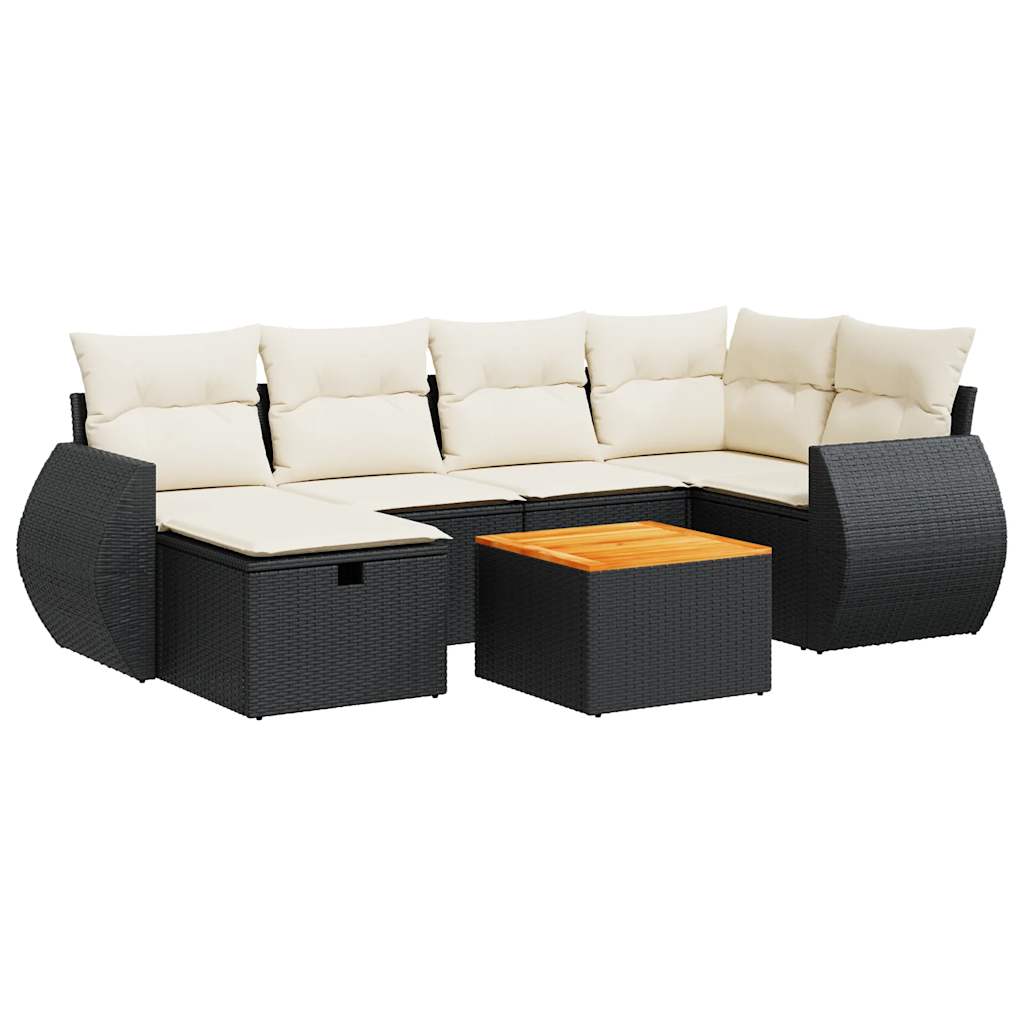 7-tlg. Garten-Sofagarnitur mit Kissen Schwarz Poly Rattan