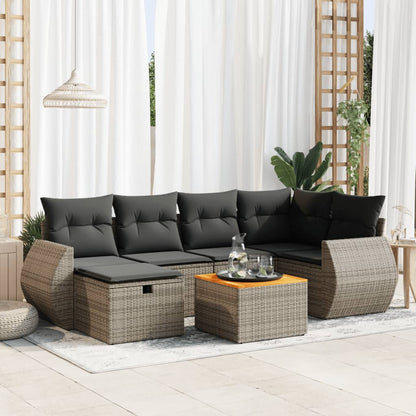 7-tlg. Garten-Sofagarnitur mit Kissen Grau Poly Rattan