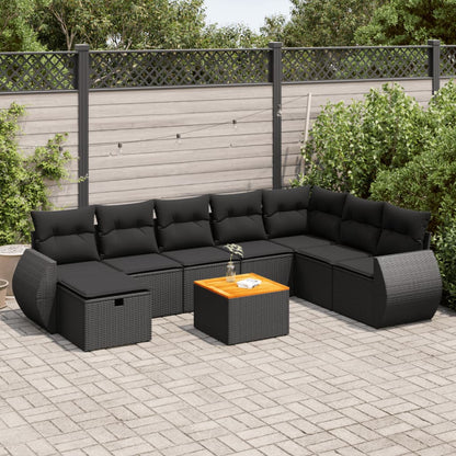 9-tlg. Garten-Sofagarnitur mit Kissen Schwarz Poly Rattan