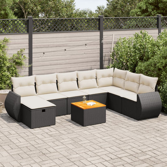 9-tlg. Garten-Sofagarnitur mit Kissen Schwarz Poly Rattan