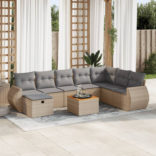 9-tlg. Garten-Sofagarnitur mit Kissen Beige Poly Rattan