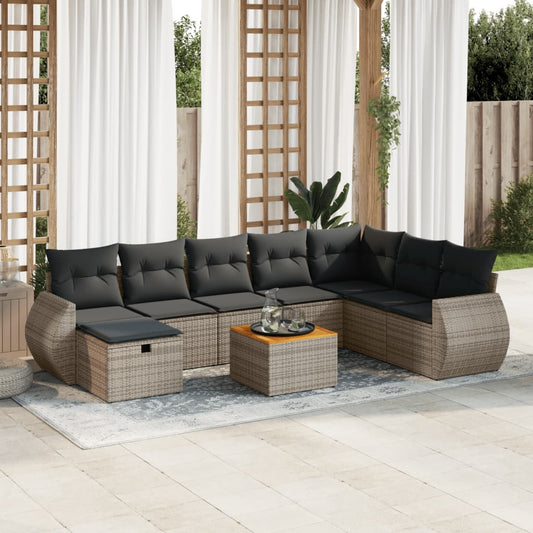 9-tlg. Garten-Sofagarnitur mit Kissen Grau Poly Rattan