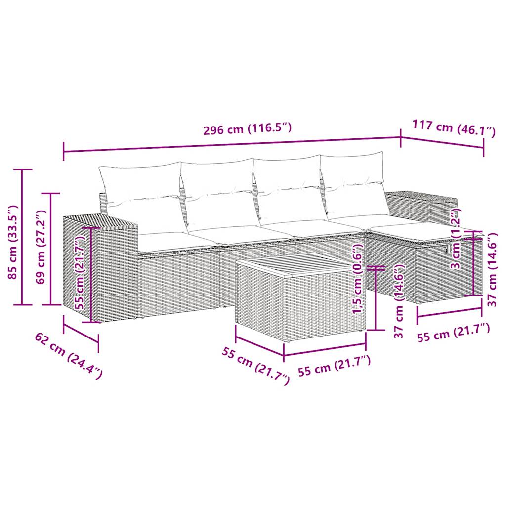 6-tlg. Garten-Sofagarnitur mit Kissen Schwarz Poly Rattan