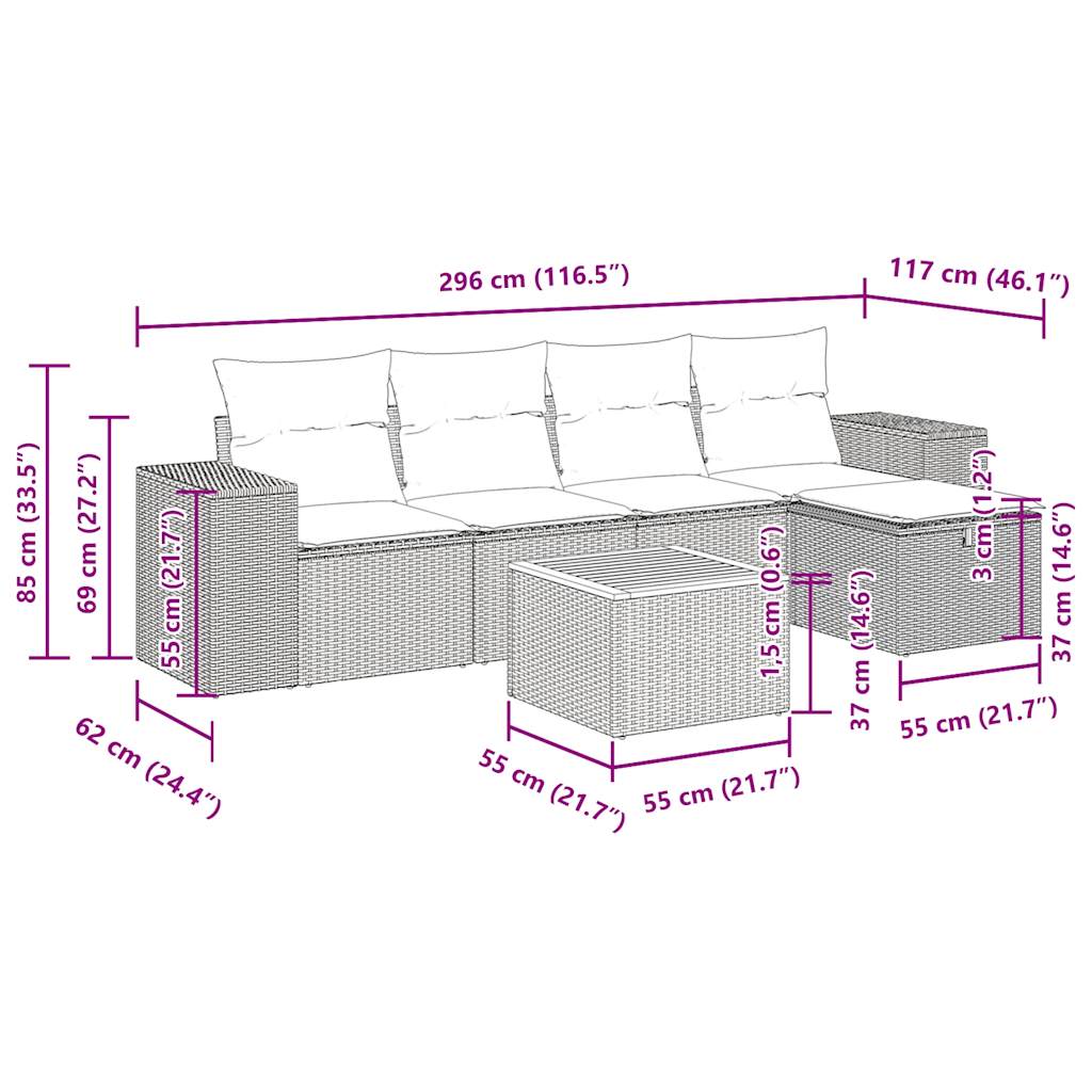 6-tlg. Garten-Sofagarnitur mit Kissen Grau Poly Rattan