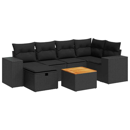 7-tlg. Garten-Sofagarnitur mit Kissen Schwarz Poly Rattan