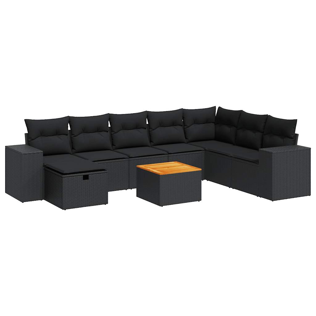 9-tlg. Garten-Sofagarnitur mit Kissen Schwarz Poly Rattan