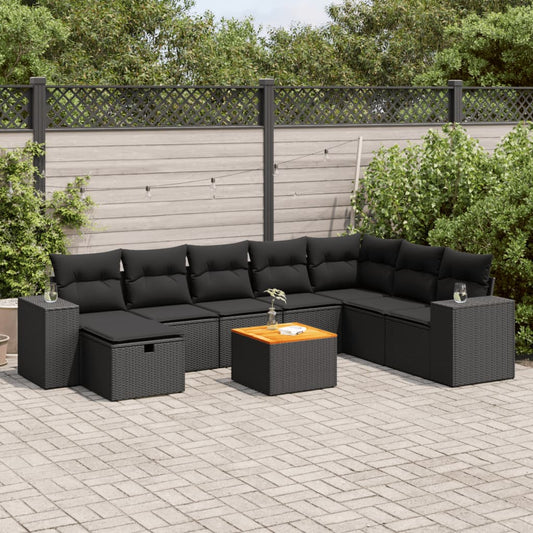 9-tlg. Garten-Sofagarnitur mit Kissen Schwarz Poly Rattan