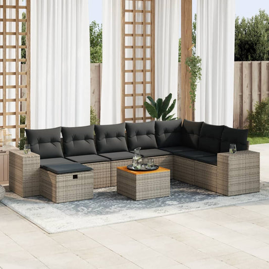 9-tlg. Garten-Sofagarnitur mit Kissen Grau Poly Rattan