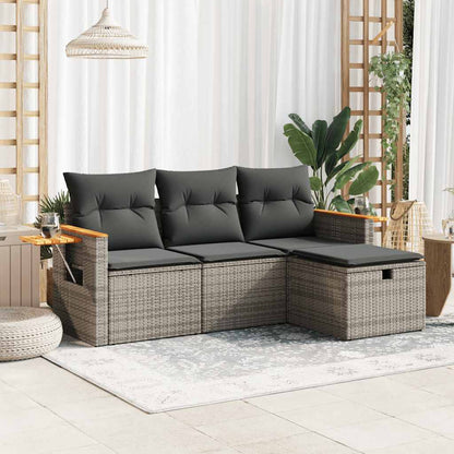 4-tlg. Garten-Sofagarnitur mit Kissen Grau Poly Rattan