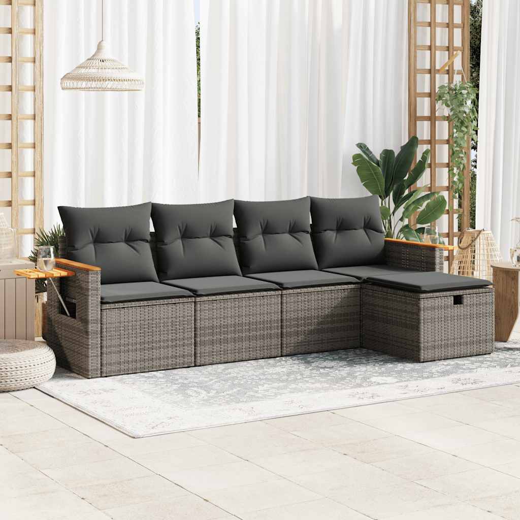 5-tlg. Garten-Sofagarnitur mit Kissen Grau Poly Rattan