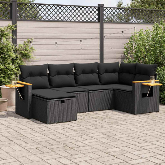 6-tlg. Garten-Sofagarnitur mit Kissen Schwarz Poly Rattan