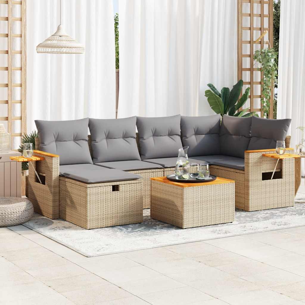 7-tlg. Garten-Sofagarnitur mit Kissen Beige Poly Rattan