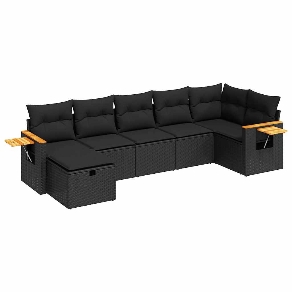 7-tlg. Garten-Sofagarnitur mit Kissen Schwarz Poly Rattan