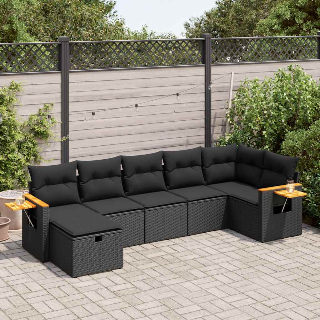 7-tlg. Garten-Sofagarnitur mit Kissen Schwarz Poly Rattan