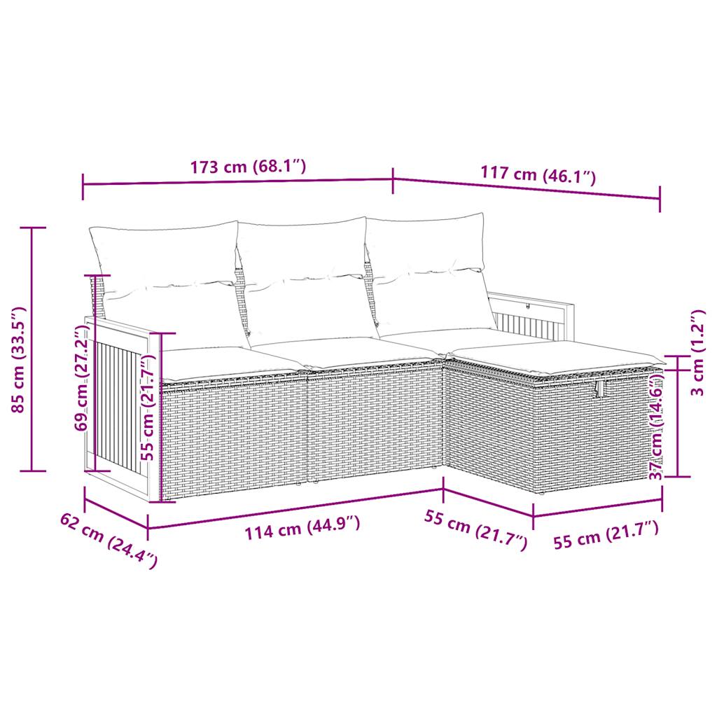 4-tlg. Garten-Sofagarnitur mit Kissen Grau Poly Rattan