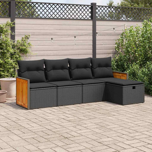 5-tlg. Garten-Sofagarnitur mit Kissen Schwarz Poly Rattan