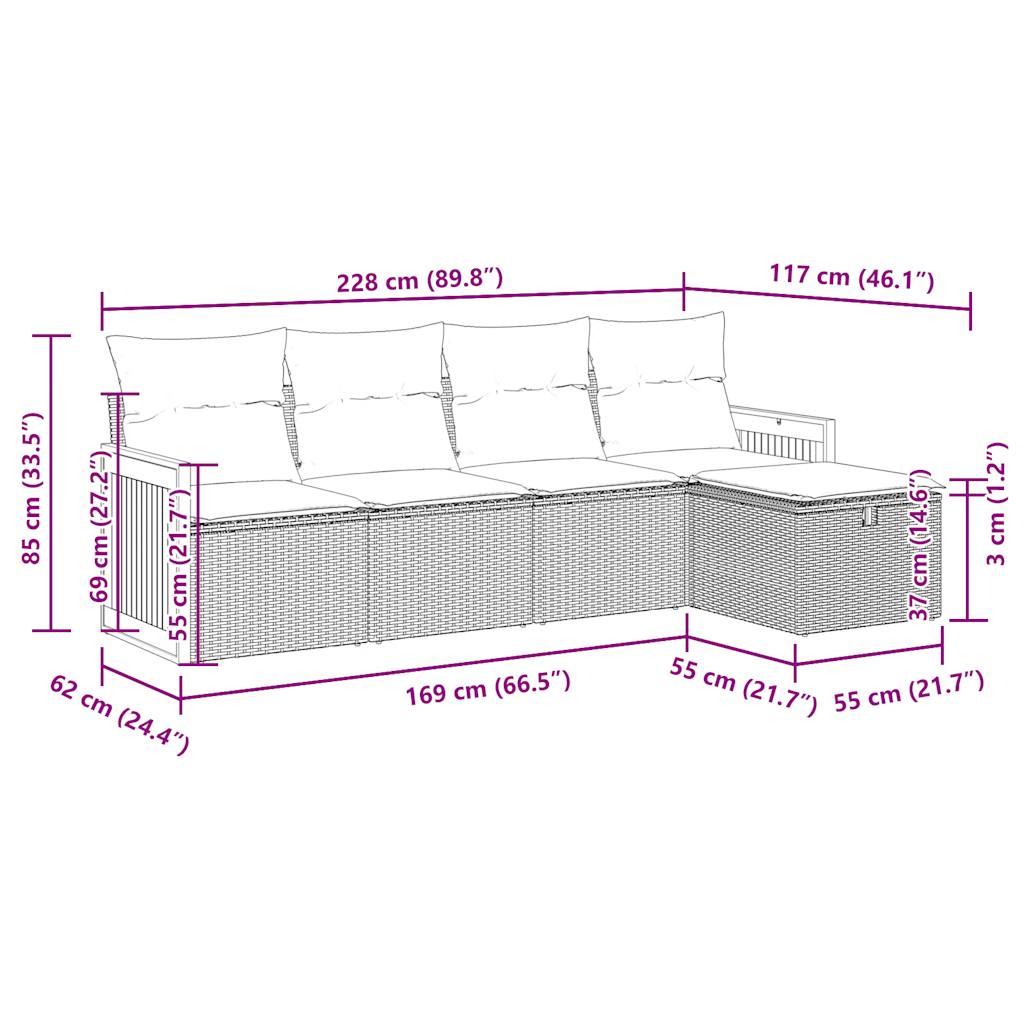 5-tlg. Garten-Sofagarnitur mit Kissen Grau Poly Rattan