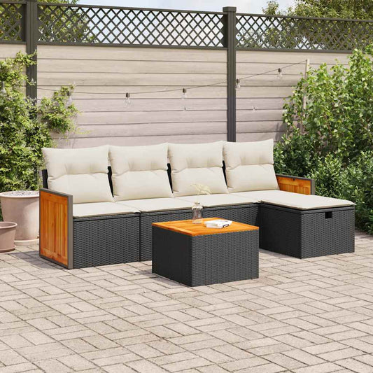 6-tlg. Garten-Sofagarnitur mit Kissen Schwarz Poly Rattan