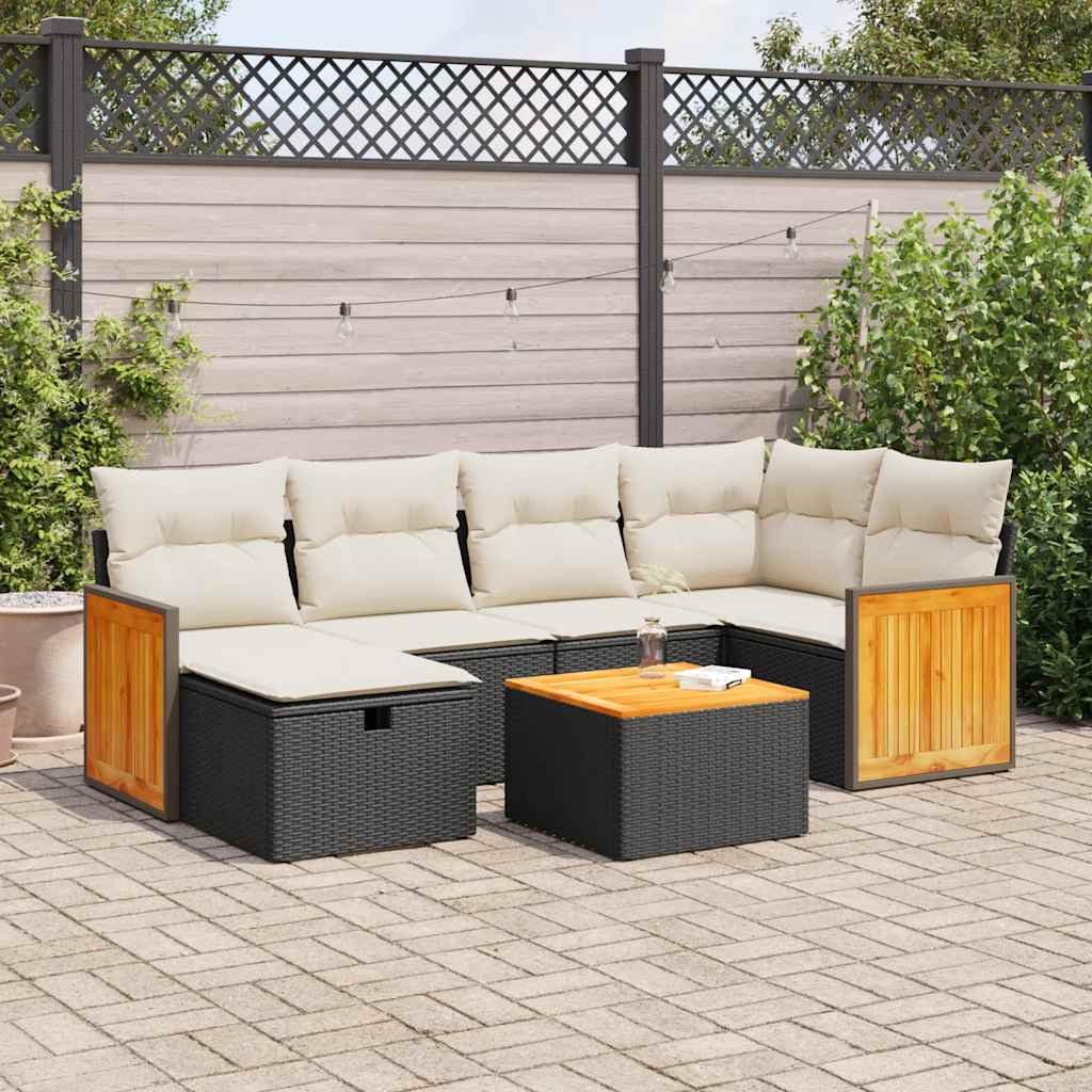 7-tlg. Garten-Sofagarnitur mit Kissen Schwarz Poly Rattan