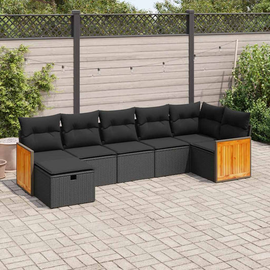 7-tlg. Garten-Sofagarnitur mit Kissen Schwarz Poly Rattan