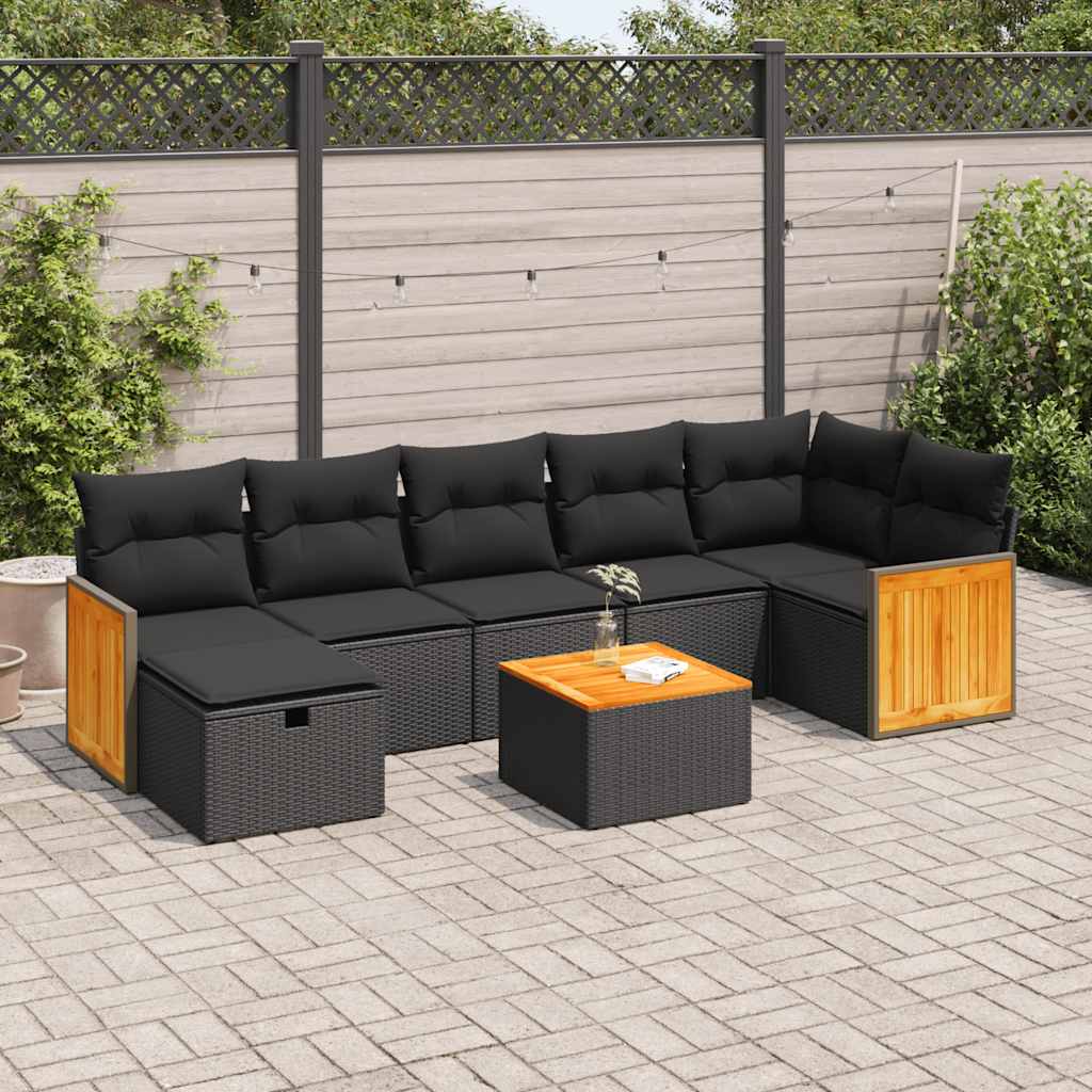 8-tlg. Garten-Sofagarnitur mit Kissen Schwarz Poly Rattan