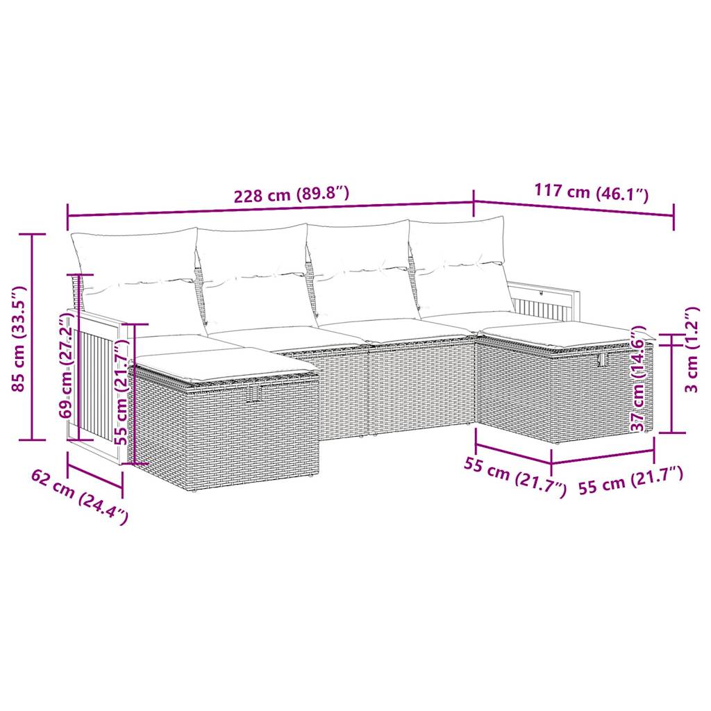 6-tlg. Garten-Sofagarnitur mit Kissen Schwarz Poly Rattan