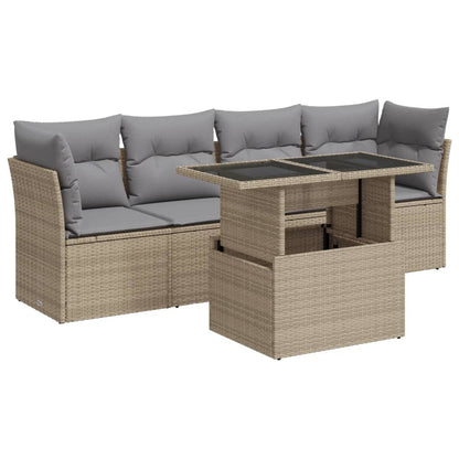 5-tlg. Garten-Sofagarnitur mit Kissen Beige Poly Rattan