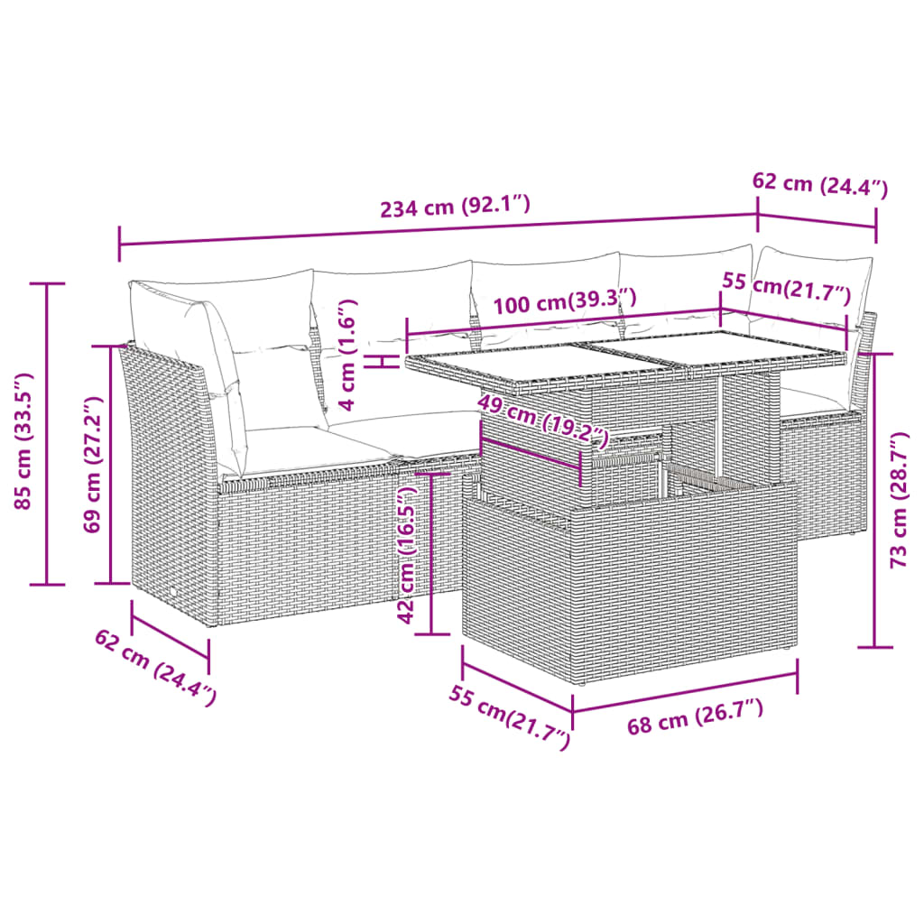 5-tlg. Garten-Sofagarnitur mit Kissen Hellgrau Poly Rattan