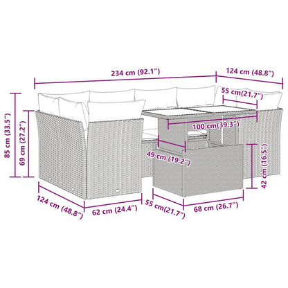 7-tlg. Garten-Sofagarnitur mit Kissen Hellgrau Poly Rattan