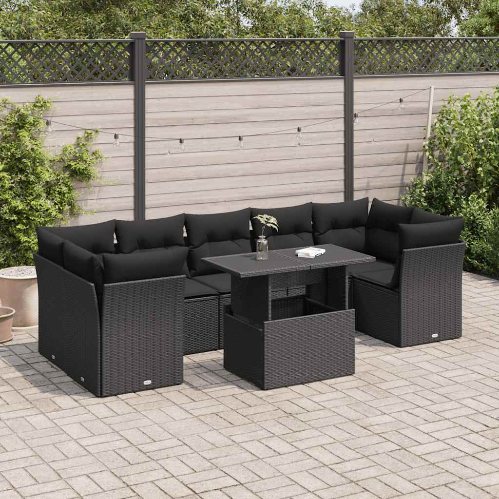 8-tlg. Garten-Sofagarnitur mit Kissen Schwarz Poly Rattan