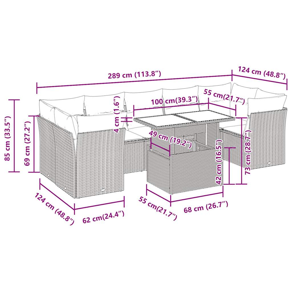 8-tlg. Garten-Sofagarnitur mit Kissen Grau Poly Rattan