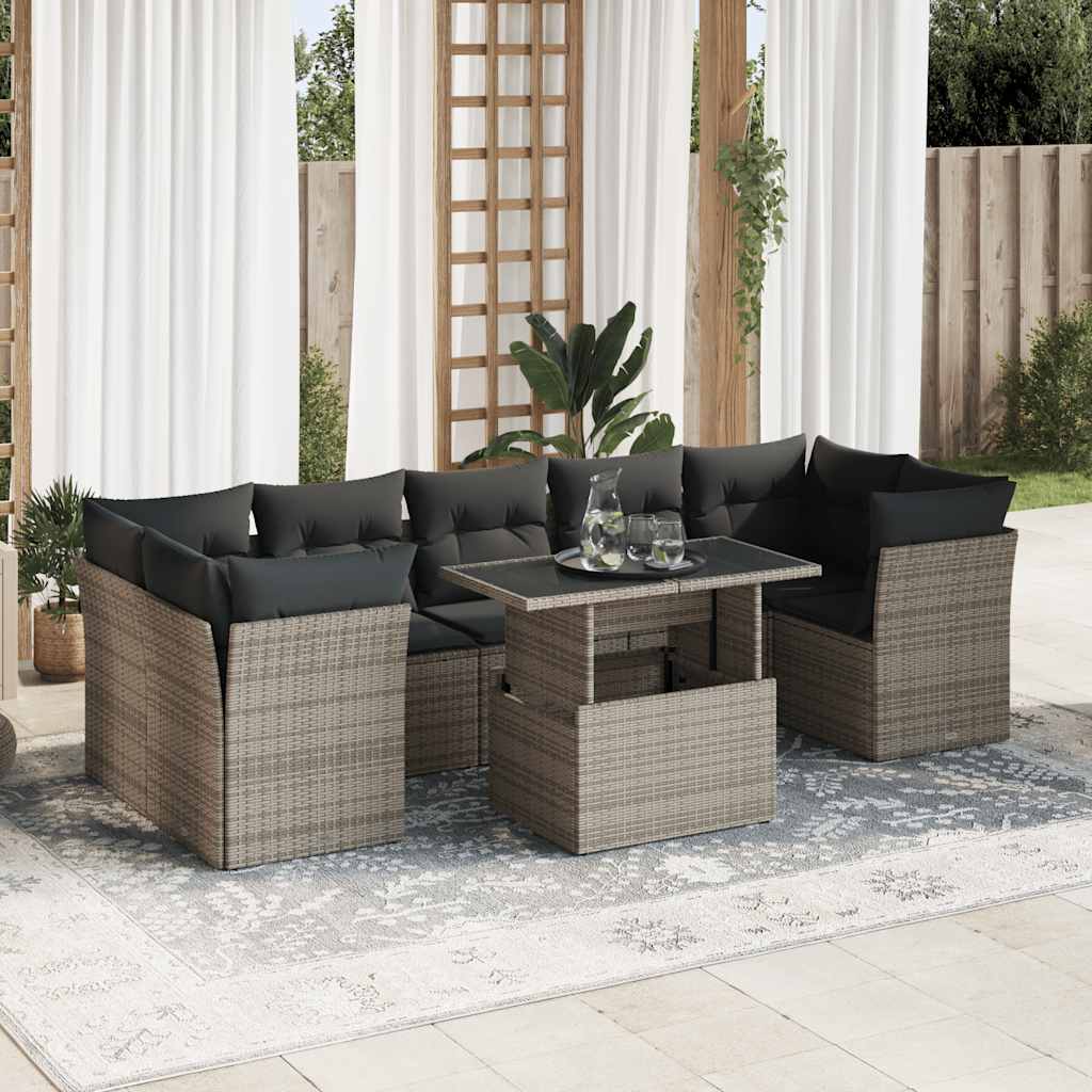 8-tlg. Garten-Sofagarnitur mit Kissen Grau Poly Rattan