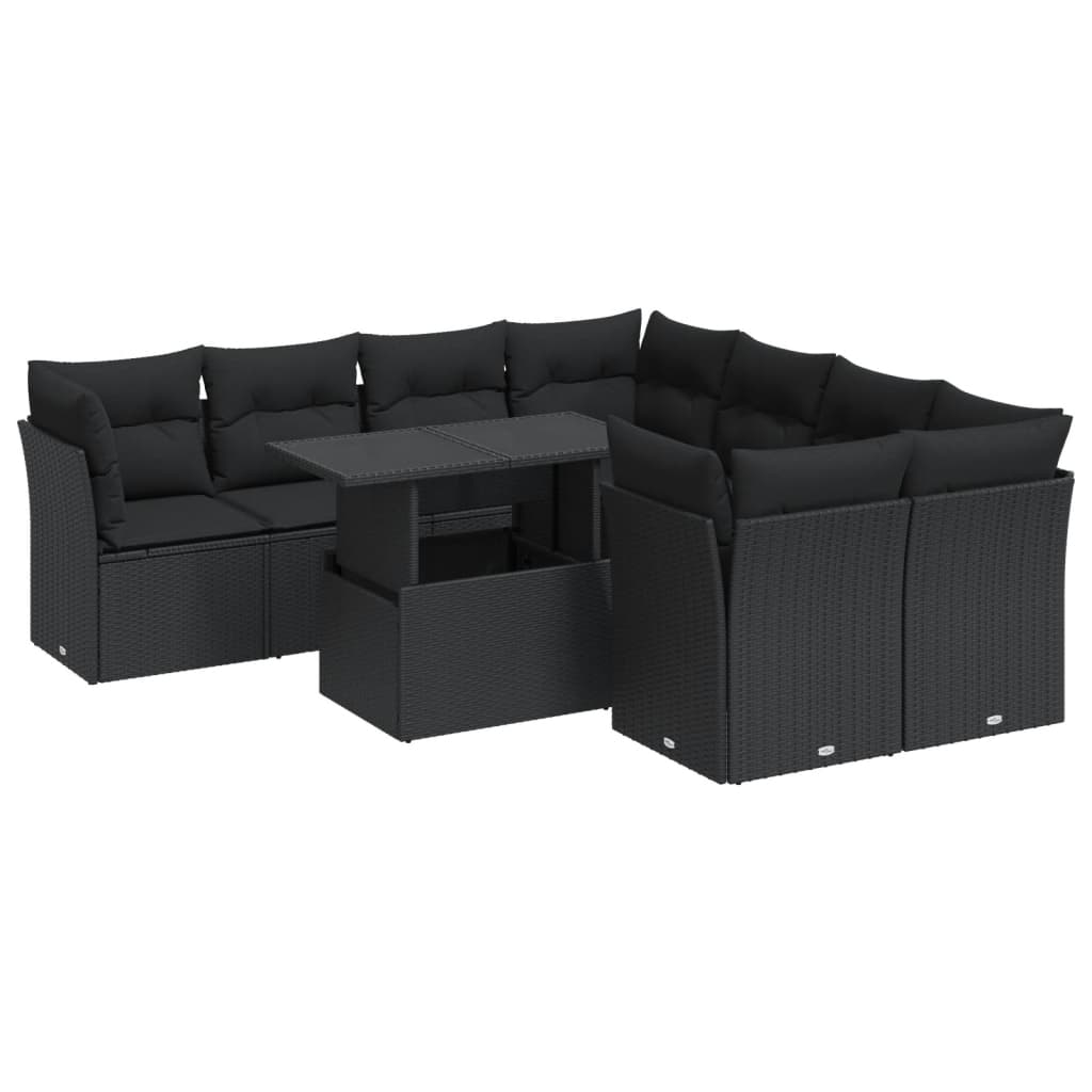 9-tlg. Garten-Sofagarnitur mit Kissen Schwarz Poly Rattan