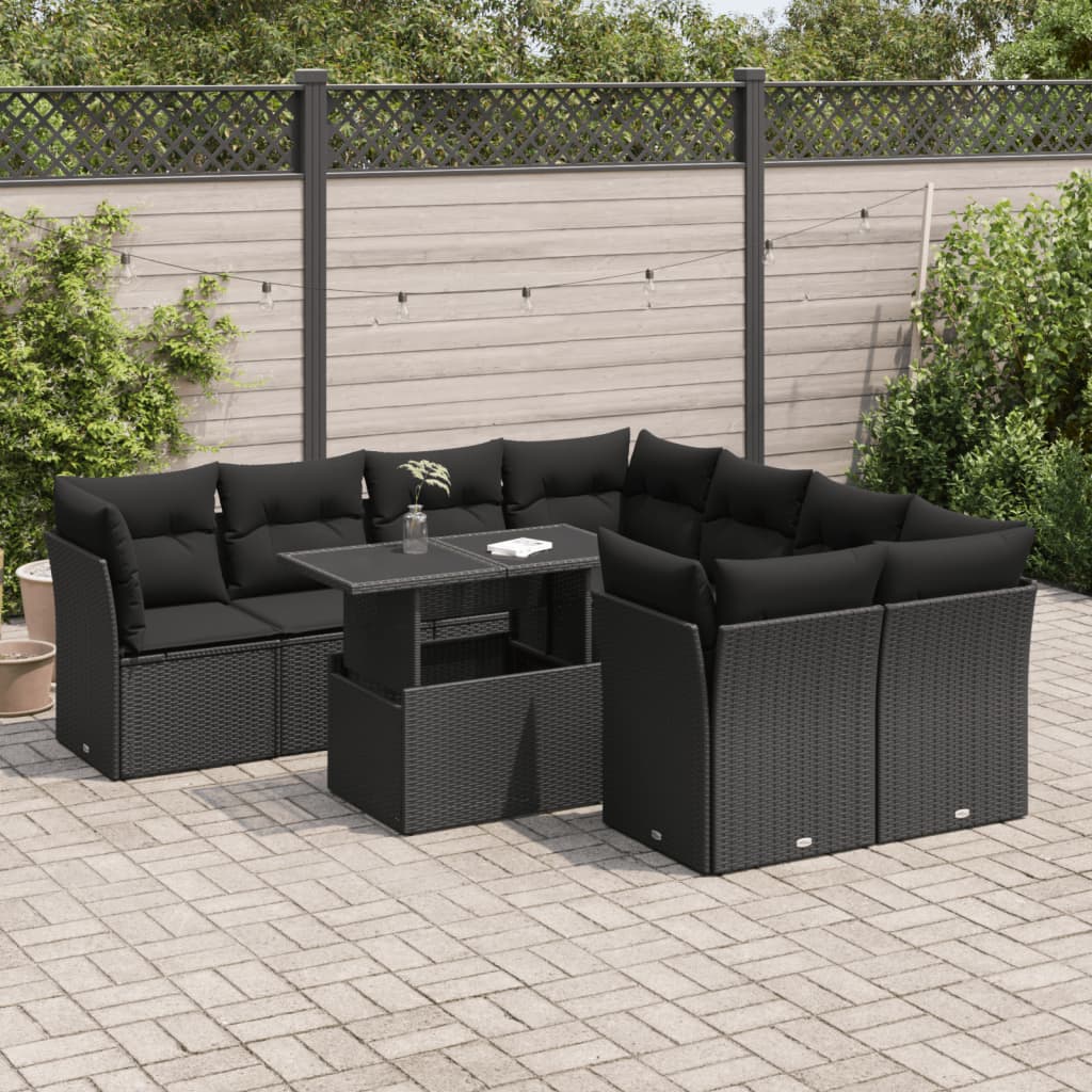 9-tlg. Garten-Sofagarnitur mit Kissen Schwarz Poly Rattan