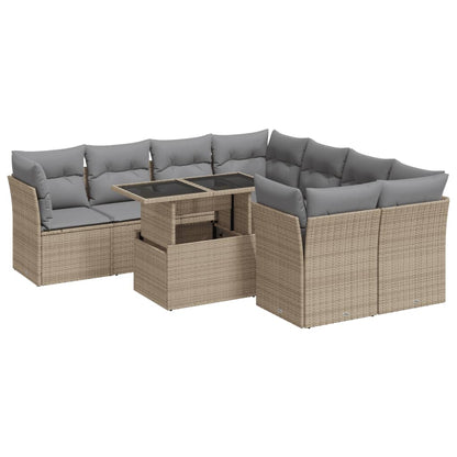 9-tlg. Garten-Sofagarnitur mit Kissen Beige Poly Rattan