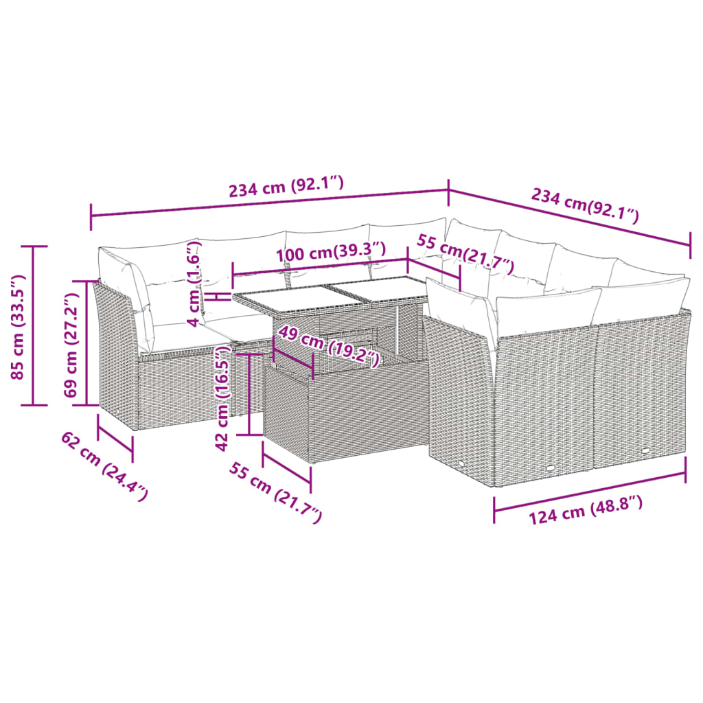 9-tlg. Garten-Sofagarnitur mit Kissen Hellgrau Poly Rattan