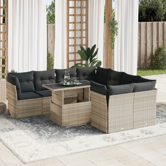 9-tlg. Garten-Sofagarnitur mit Kissen Hellgrau Poly Rattan