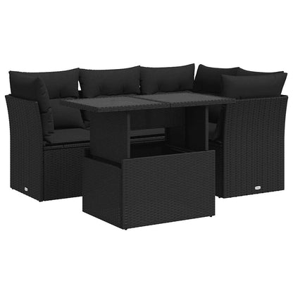 5-tlg. Garten-Sofagarnitur mit Kissen Schwarz Poly Rattan