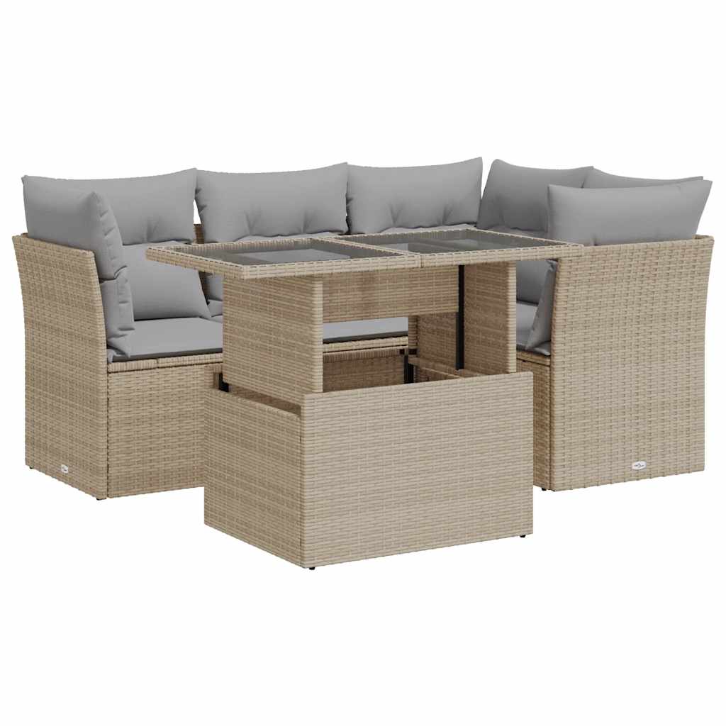 5-tlg. Garten-Sofagarnitur mit Kissen Beige Poly Rattan