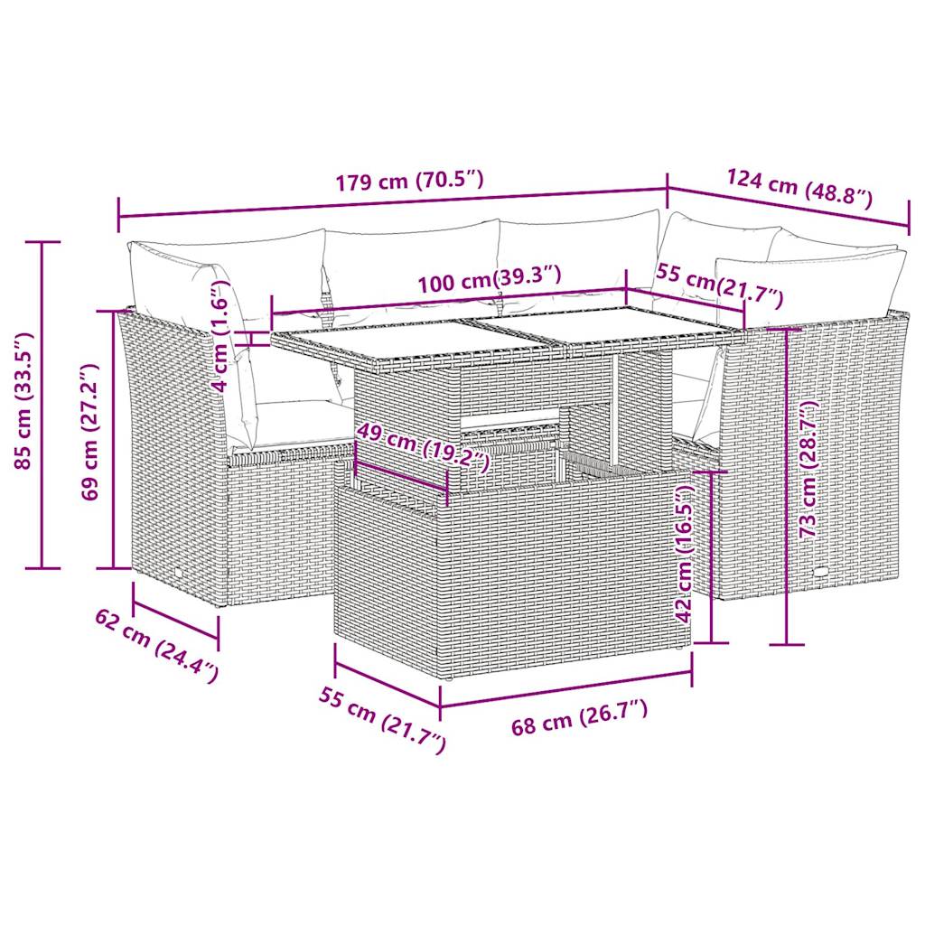 5-tlg. Garten-Sofagarnitur mit Kissen Hellgrau Poly Rattan