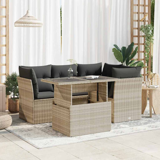 5-tlg. Garten-Sofagarnitur mit Kissen Hellgrau Poly Rattan