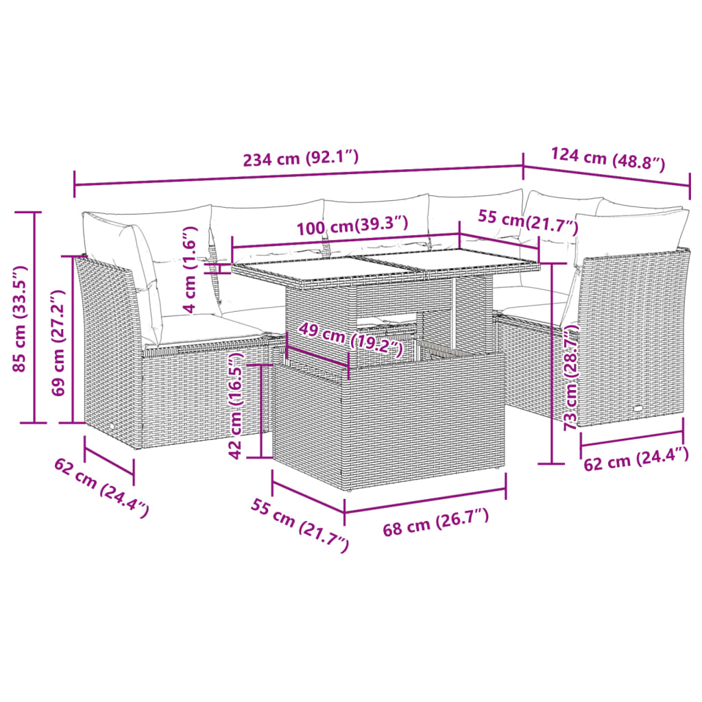 6-tlg. Garten-Sofagarnitur mit Kissen Beige Poly Rattan