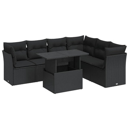 7-tlg. Garten-Sofagarnitur mit Kissen Schwarz Poly Rattan